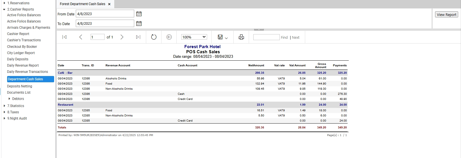 Η ενότητα Department Cash Sales καταγράφει όλες τις πωλήσεις μετρητών που πραγματοποιήθηκαν μέσω POS ανά τμήμα (π.χ. Café - Bar, Restaurant) για την ημερομηνία που έχει επιλεγεί. Πρόκειται για μια στοχευμένη αναφορά που βοηθά στη λεπτομερή παρακολούθηση των καθημερινών εσόδων ανά κατηγορία προϊόντων και τρόπο πληρωμής.
